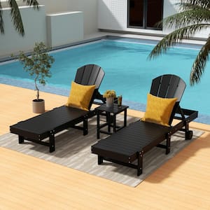 Laguna 3-Piece Outdoor Patio Adjustable HDPE Reclining Adirondack Chaise Lounger with Wheels, Side Table Set, Black