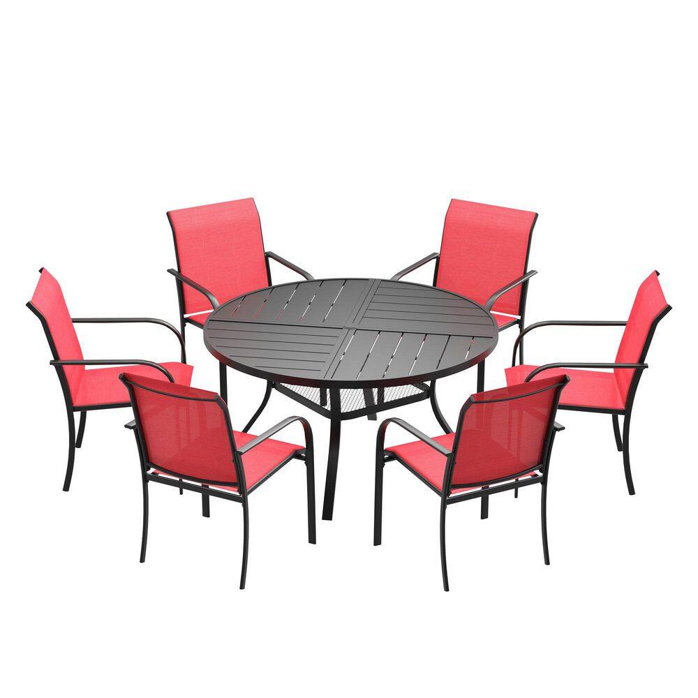 7-Piece Metal Outdoor Patio Dining Set with 47.2 in. Black Round Table and 6-Red Dining Chairs price history on PriceWatchPro