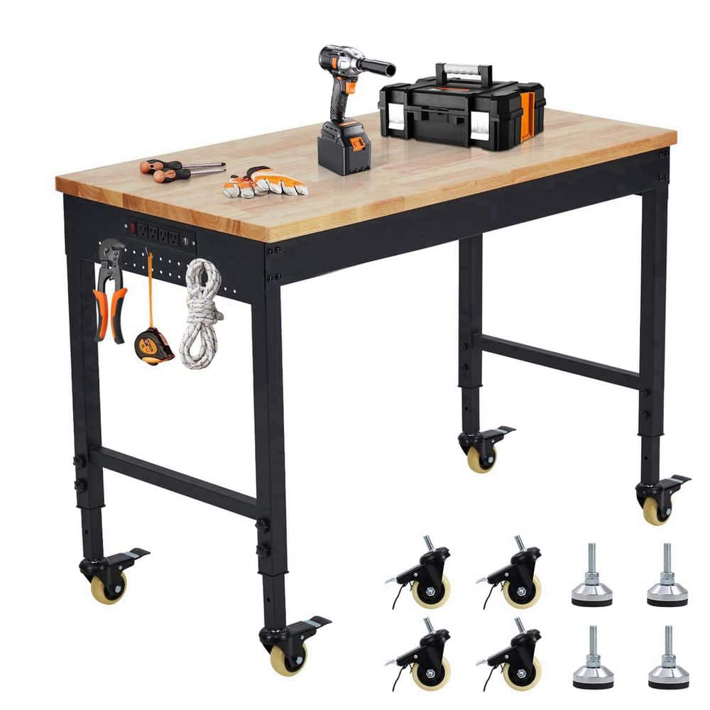 Gravee Heavy Duty 60 in. W x 22 in. D Black Steel Mobile Workbench with Rubberwood Top, AC Outlets and USB Ports TYYPHO_0ZEDGVVF