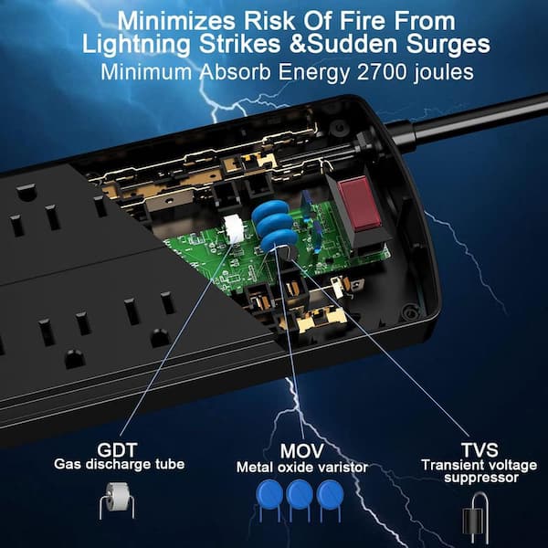 Flat Plug Power Strip Individual Switches, Extension Cord 6 feet