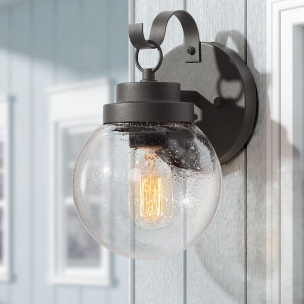 LNC Amonti 1-Light Modern Farmhouse Matte Black Outdoor Wall Lantern Sconce Decorative Coach Light with Seeded Glass Shade