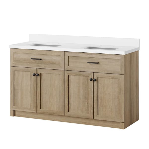 Charbury 60 in. W x 22 in. D x 34 in. H Double Sink Freestanding Vanity in Light Oak w/ White Engineered Stone Top