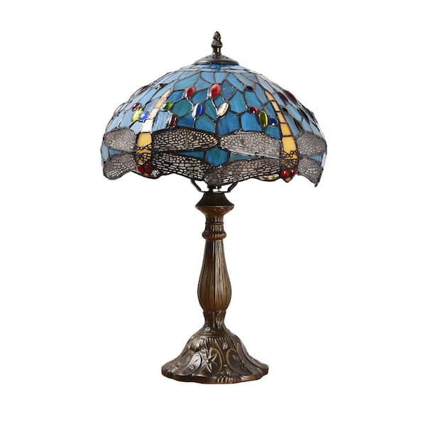 Latepis Decorative 18.1 in. Multi-Colored Tiffany-Style Table Lamp Bronze Finish Dragonfly Glass Bedside Lamp
