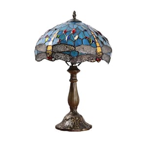 Decorative 18.1 in. Multi-Colored Tiffany-Style Table Lamp Bronze Finish Dragonfly Glass Bedside Lamp
