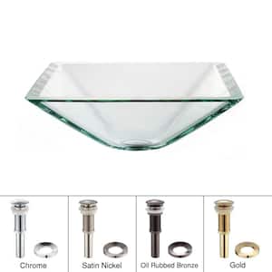 Square Glass Vessel Sink in Clear with Pop-Up Drain and Mounting Ring in Satin Nickel