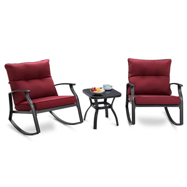 Mondawe Team Black 3-Piece Metal Square Outdoor Bistro Set Patio Rocking Chairs and Table with Red Cushions