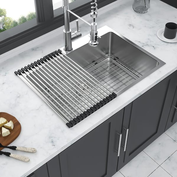 25 in. Drop-In Single Bowl 16-Gauge Brushed Nickel Stainless Steel Kitchen Sink with Bottom Grids