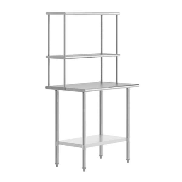 Reese Stainless Steel Metal 36.0 in. Portable Kitchen Prep Table with Double Overshelves and Galvanized Steel Undershelf