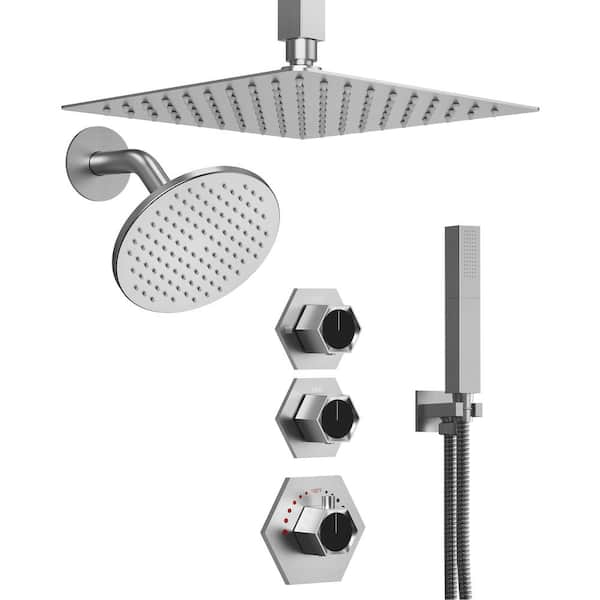 GRANDJOY Module Switch His and Hers 5-Spray Dual Ceiling Mount 12 in. Fixed and Handheld Shower Head 2.5 GPM in Brushed Nickel