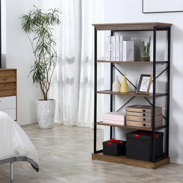 4 Shelf Bookcase Black Bookshelf w/ Book Storage Shelves w Glass Panels Modern 