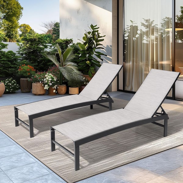 All-Weather 2-Piece Outdoor Chaise Lounge 6-Position Adjustable Metal Patio Lounge Chairs in Light Gray for Yard, Pool