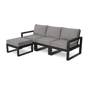 EDGE Black 4-Piece Modular Plastic Outdoor Patio Deep Seating Set with Ottoman with Grey Cushions