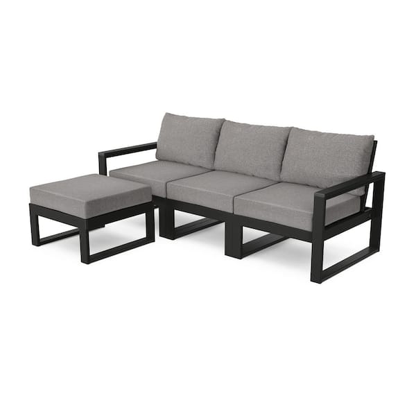 POLYWOOD EDGE Black 4-Piece Modular Plastic Outdoor Patio Deep Seating Set with Ottoman with Grey Cushions