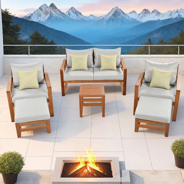 HOTEBIKE 6-Piece Wood Patio Outdoor Conversation Set with Ottomans and Grey Cushions for Backyard, Poolside, Balcony