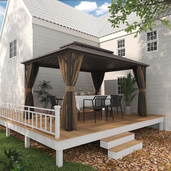 10 ft. x 14 ft. Aluminum Outdoor Gazebo Double Galvanized Steel Roof, Ceiling Hook, Mosquito Netting and Brown Curtains
