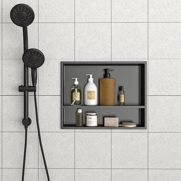 19 in. W x 15 in. H x 4 in. D Shower Niche Set of 1-Pieces in Gunmetal Black with Shelf