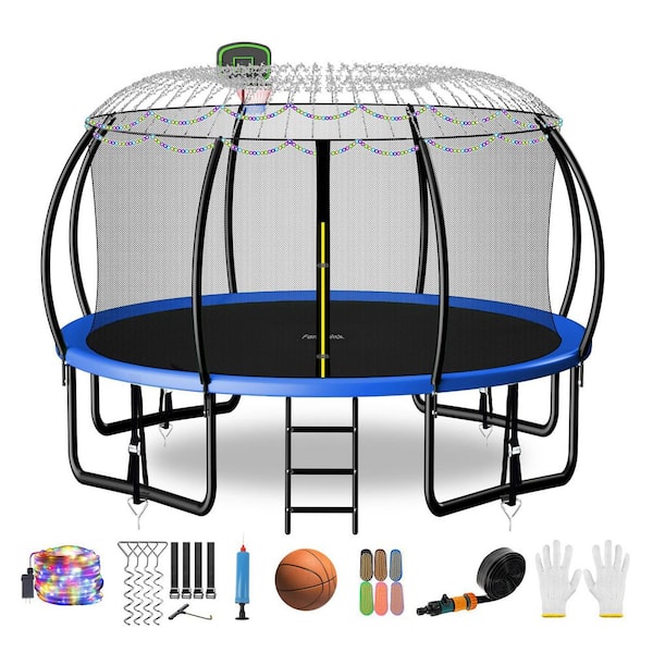 14ft. Outdoor Recreational Trampoline With Basketball Hoop, Safety Enclosure, Sprinkler, Lights, Socks and Wind Stakes