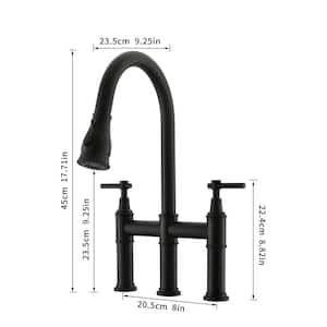 Double Handle Bridge Kitchen Faucet with Pull Down Sprayer Stainless Steel Commercial Kitchen Sink Faucet in Matte Black