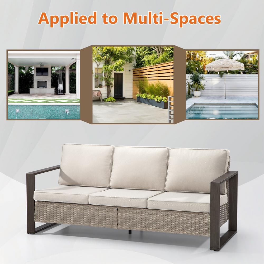 Beige 3-Seat Patio Wicker Sofa with Removable Cushions
