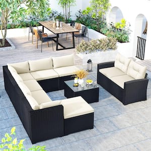 Outdoor 9-Piece Wicker Patio Conversation Set with Beige Cushions