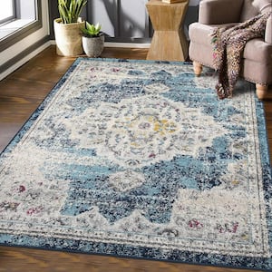 Vintage 8 ft. x 10 ft. Boho Medallion Area Rugs Low Pile Non-Shedding Distressed Mat in Blue