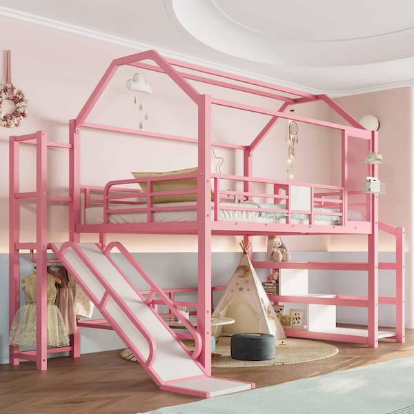 Pink Full Metal Loft Bed with Slide, Stairs and Storage Shelves