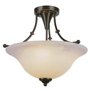 Perkins 18 in. 3-Light Weathered Bronze Semi-Flush Mount Ceiling Light Fixture with Marbleized Glass Shade