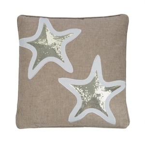 Maui Blue Tan Gold Sequin Starfish Appliqued 18 in. x 18 in. Throw Pillow