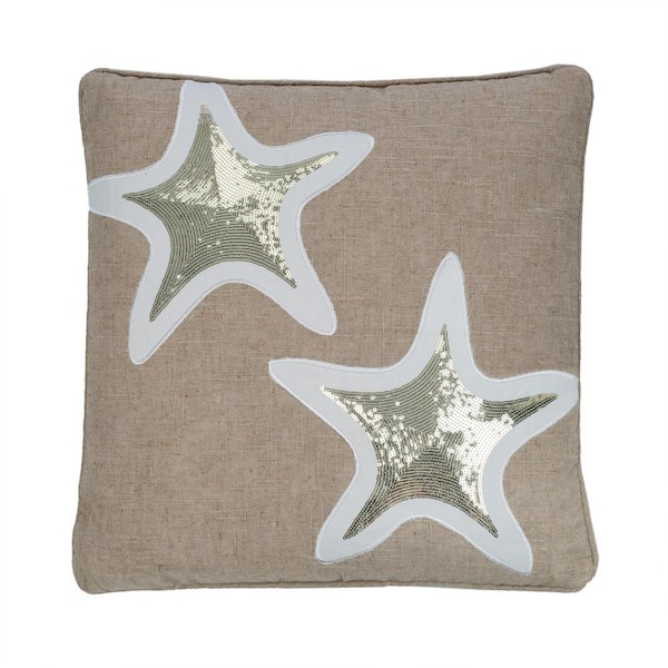 LEVTEX HOME Maui Blue Tan Gold Sequin Starfish Appliqued 18 in. x 18 in. Throw Pillow