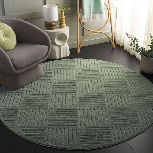 Selena 5 ft. x 5 ft. Round Green High-Low Checkered Area Rug