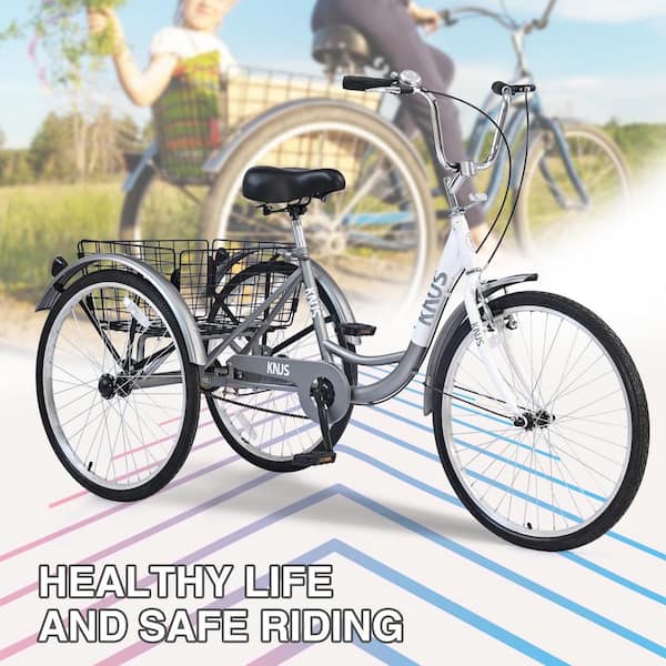 Tricycle 26 Pouces Pour Adulte – Charge Max 120 Kg + Panier 55 L – 6 Vitesses, Frein à Disque Avant – Blanc – Cadre Acier