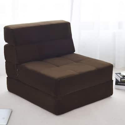 Coffee Flocked Cloth Tri-Fold Folding Chair Convertible Sleeper/Longer Bed Chair