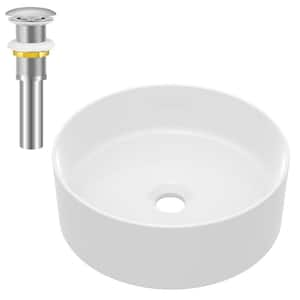 Round Sink 14 in . Bathroom Sink Ceramic Vessel Sink with Pop-Up Drain in White and Sliver