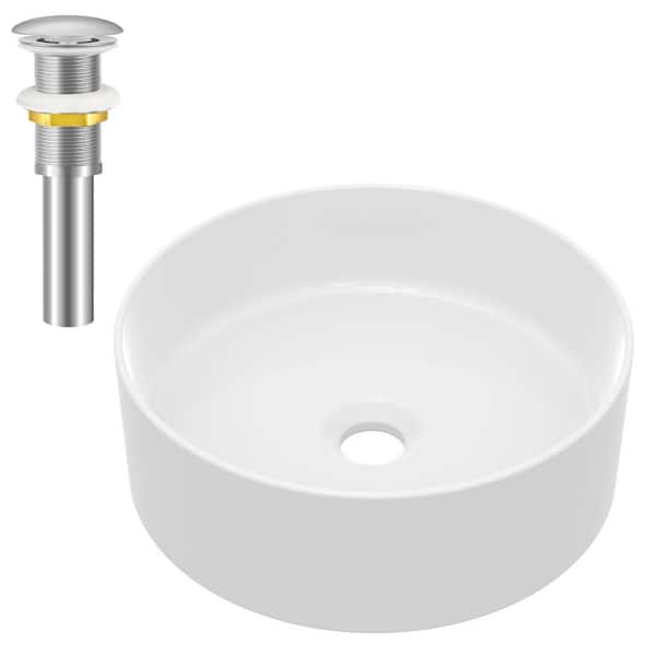 yulika Round Sink 14 in . Bathroom Sink Ceramic Vessel Sink with Pop-Up Drain in White and Sliver