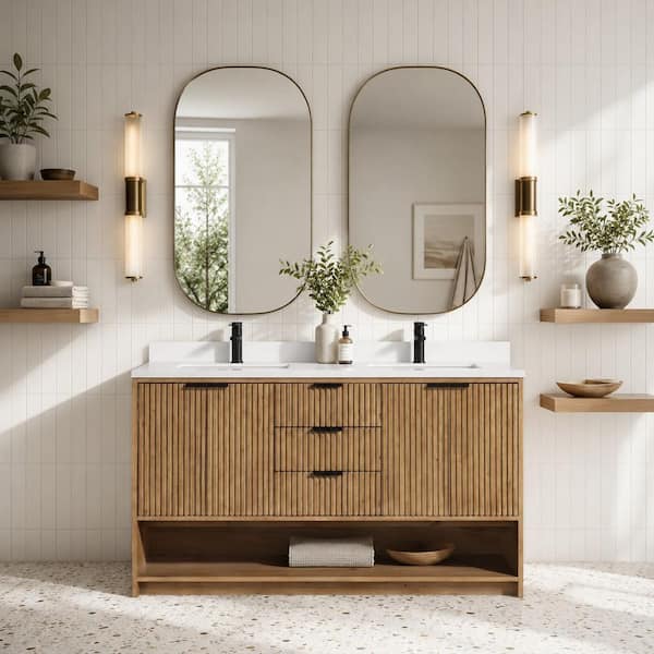 San Diego 55 in W x 22 in D x 34.5 H Double Bath Vanity in Weathered Fir with Stone Top in White with White Basin