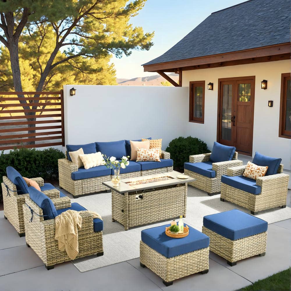 Kelleys 10-Piece Wicker Modern Outdoor Patio Furniture Conversation Sofa Set with a Fire Pit and Navy Blue Cushions price history on PriceWatchPro