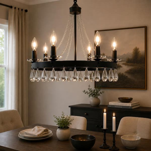 Briignite 6-Light Matte Black Crystal Chandelier, Rustic