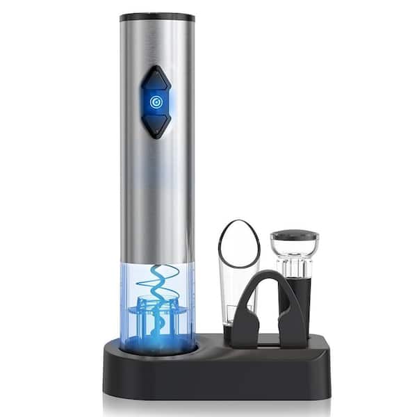 Numhew 5-in-1 Silver Electric Wine Opener Gift Set with Corkscrew, Foil Cutter, Wine Pour, Wine Stopper and Storage Base