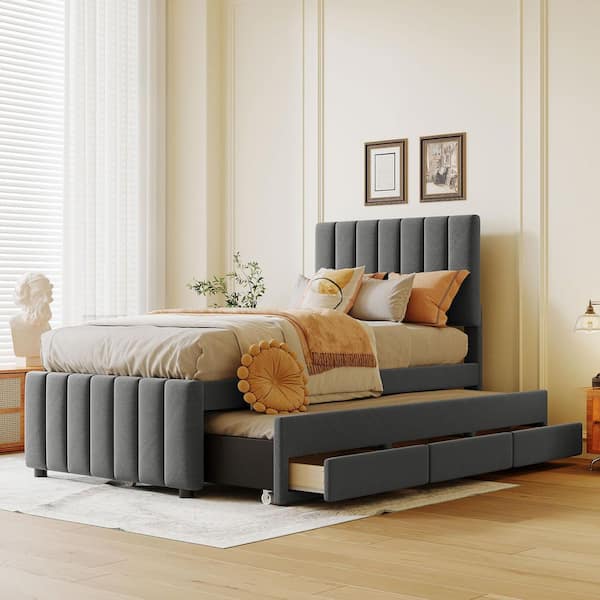 Gray Wood Frame Twin Size Upholstered Platform Bed with Trundle and 3 Drawers