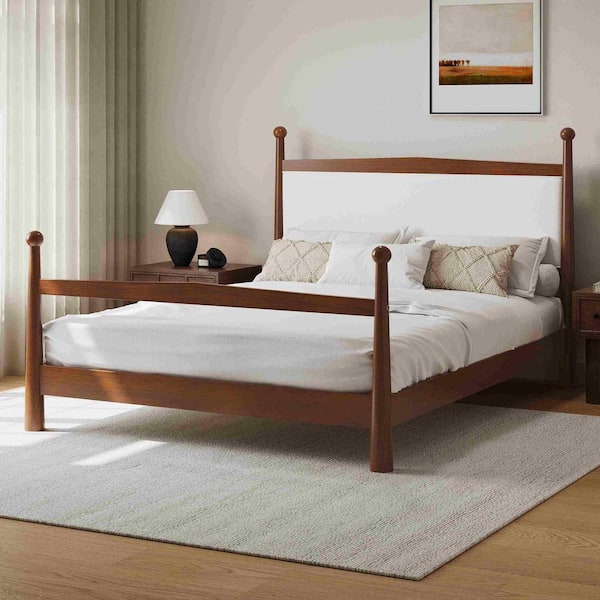 Polibi Brown Wood Frame King Size Platform Bed with Upholstered Headboard in Boucle