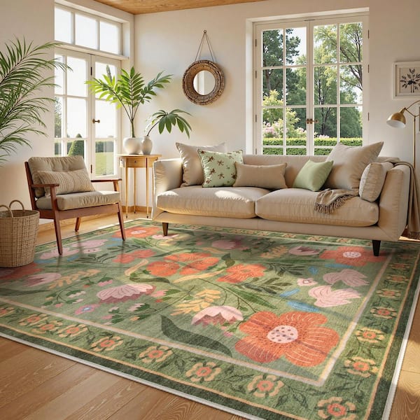 Cottagecore Floral Washable Non-Slip Green 8 ft. x 10 ft. Area Rug