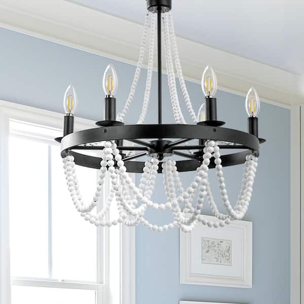 6-Light Matte Black Chandelier with White Wood Beads for Dining Rooms and Entryways