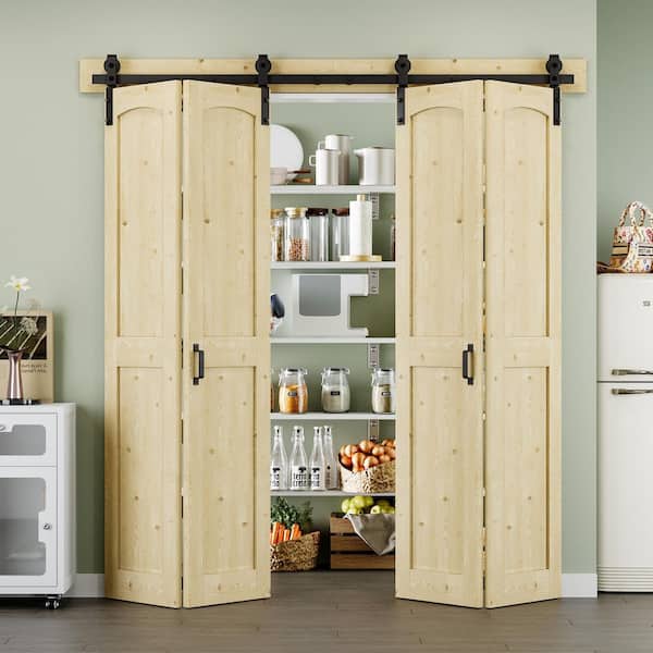 ARK DESIGN 72 in. x 84 in. Paneled H Shape Solid Pine Wood Unfished Bi-fold Sliding Barn Door with Hardware Kit and Handle