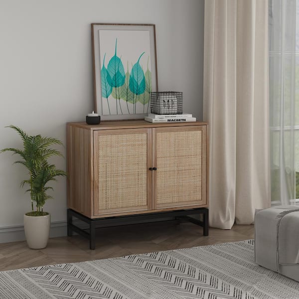 2-Door Rattan Storage Cabinet Accent Furniture for Living Room w