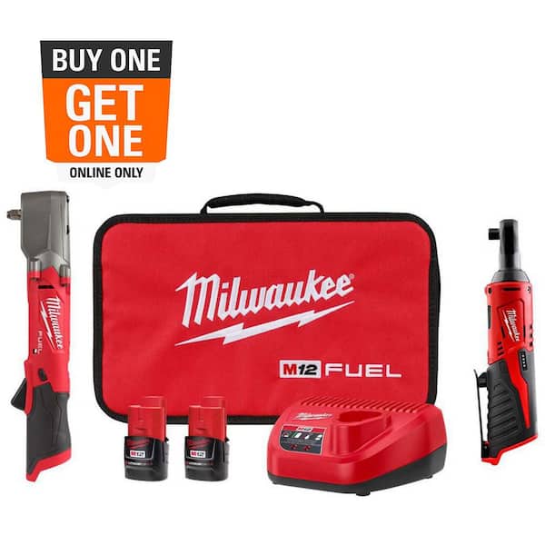 M12 FUEL 12V Lithium-Ion Brushless Cordless 3/8 in Right Angle Impact Wrench Kit w Two 2.0 Ah Batteries & 3/8 in Ratchet