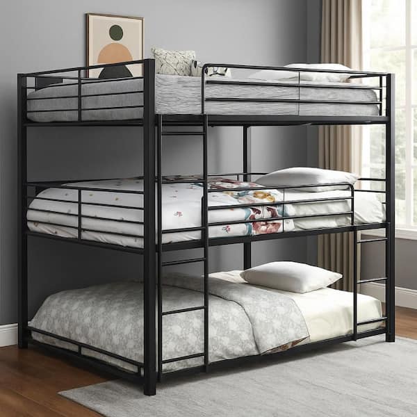 Benjara Black Queen Size Industrial Style Triple Decker Bunk Bed with Ladder