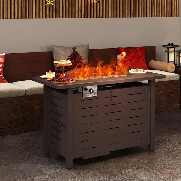 Brown 40 in. Metal Rectangular Propane Gas Fire Pit Table with Lid, Volcanic Rock, and Waterproof Cover