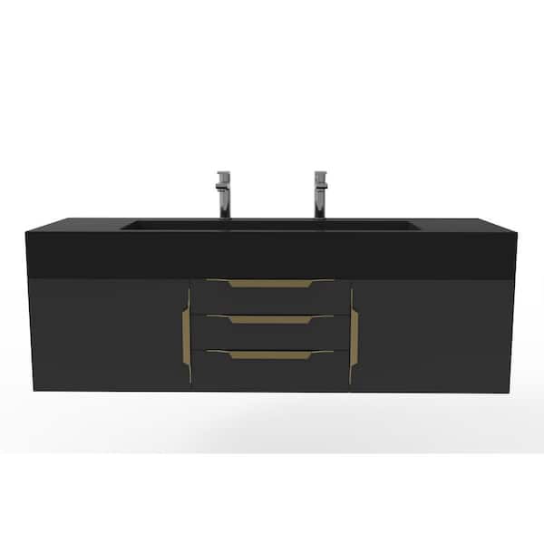 castellousa Nile 60 in. W x 19 in. D x 20 in. H Bath Vanity in Matte Black with Gold Trim and Black Solid Surface Top