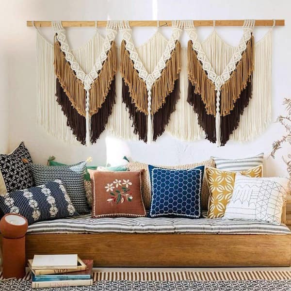 47 in. x 25 in. Brown Boho Macrame Wall Hanging-Handmade Cotton Tassel Knotting Fiber Art for Home Decor (No Rod)
