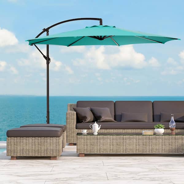 Bayshore Outdoor 10 ft. Hanging Offset Cantilever Patio Umbrella with Easy Crank Lift and Cross Base in Turquoise